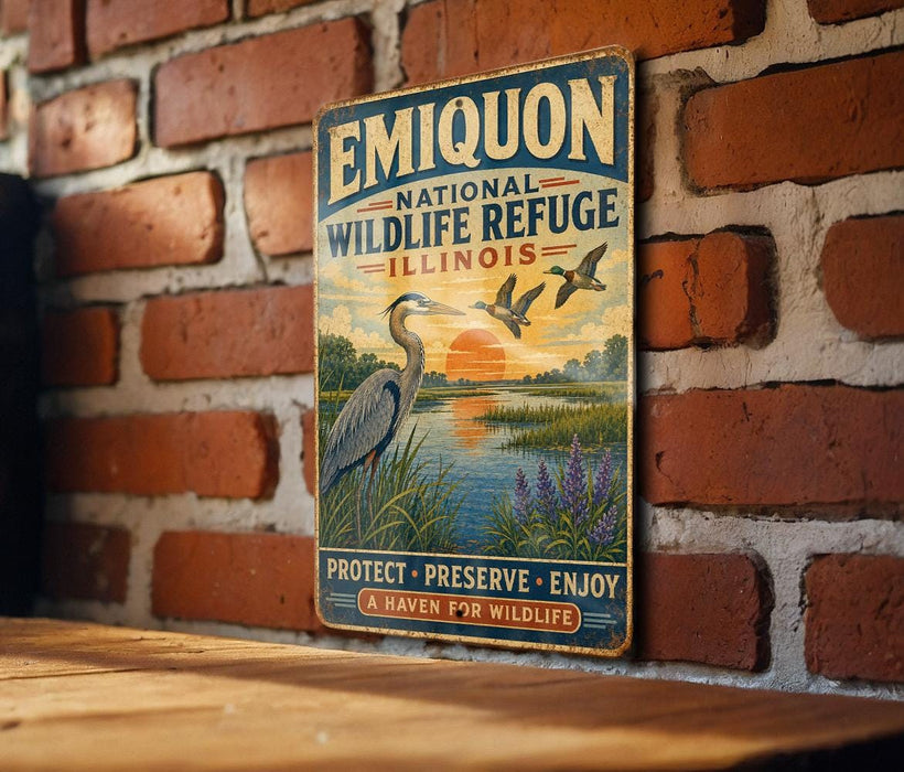 A vintage-style metal sign for the Emiquon National Wildlife Refuge in Illinois, featuring an illustration of a bird and a sunset over a body of water.