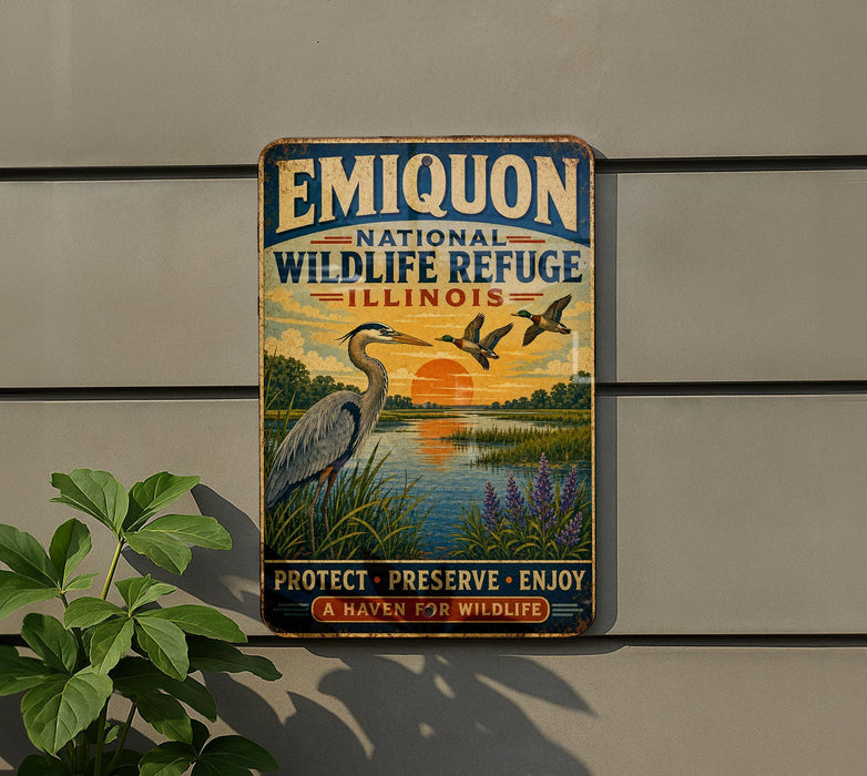 A vintage Emiquon National Wildlife Refuge sign in Illinois, featuring a heron and birds in a sunset landscape, is displayed on a wall next to a plant.