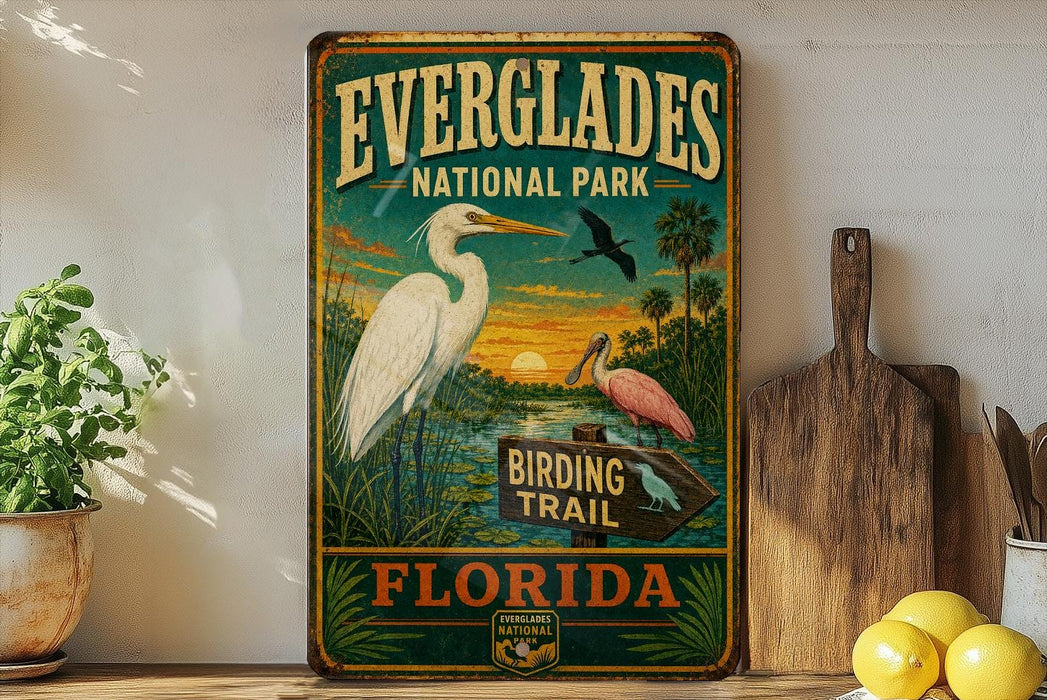 a vintage Everglades National Park sign with a bird illustration, placed on a wooden surface next to a wooden cutting board and some lemons.