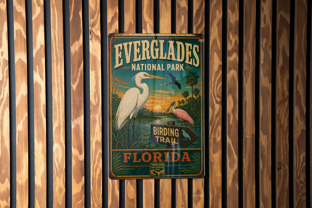 A vintage Everglades National Park sign is displayed on a wooden wall, featuring illustrations of birds and a sunset landscape.