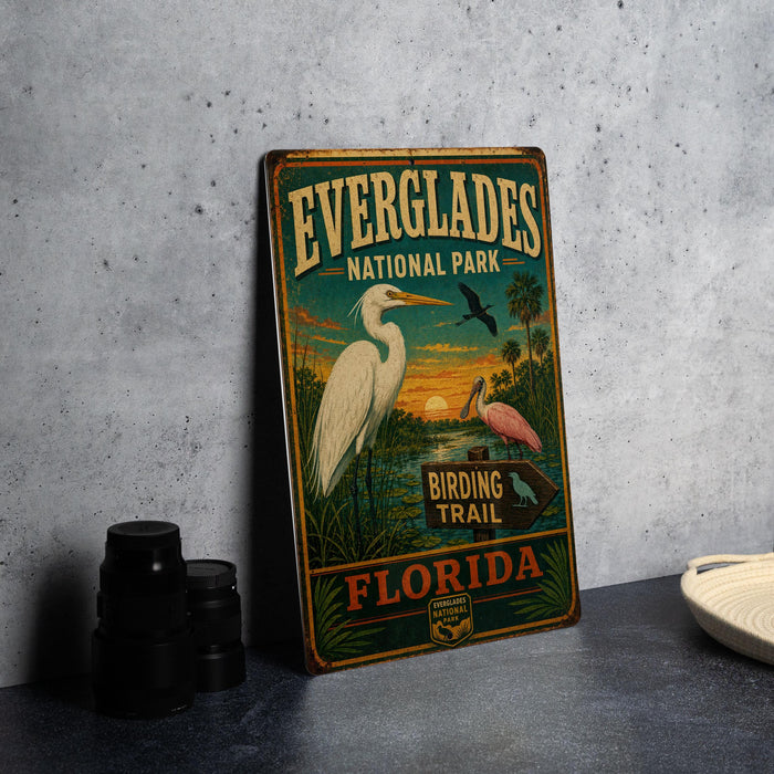 A vintage Everglades National Park sign featuring a white egret and a pink heron, with the text "EVERGLADES NATIONAL PARK" and "BIRDING TRAIL" prominently displayed.