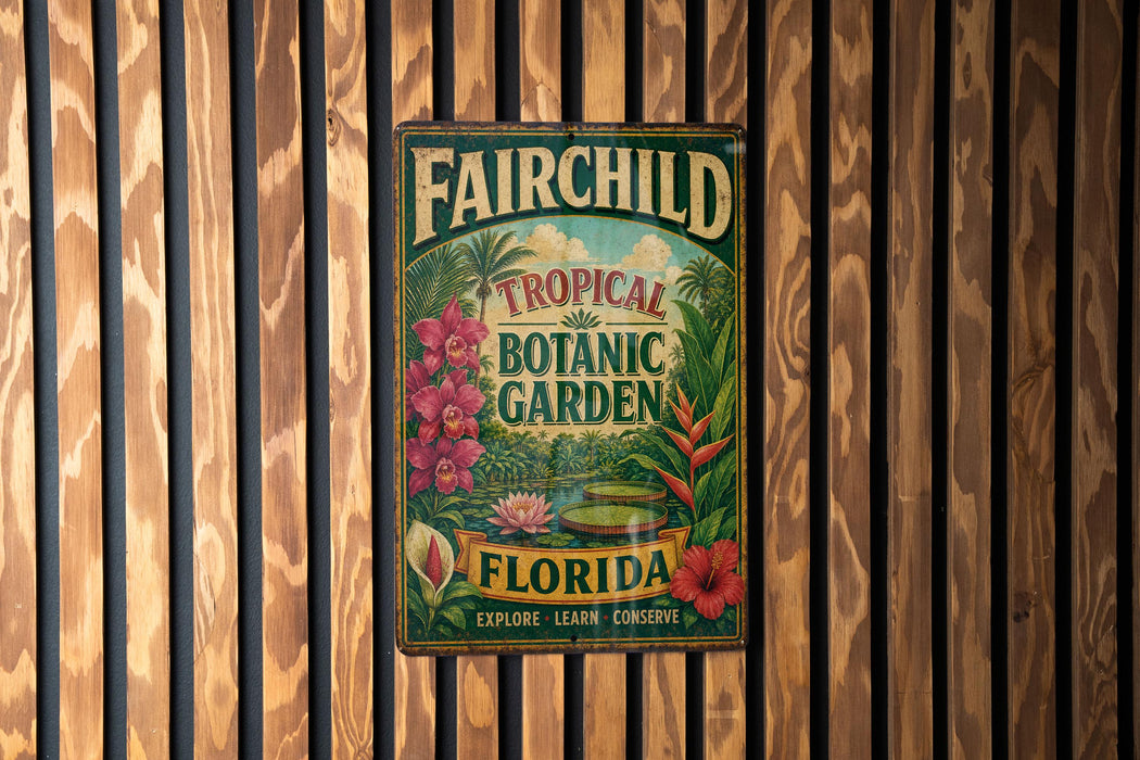 A vintage-style metal sign for the Fairchild Tropical Botanic Garden in Florida, featuring colorful illustrations of tropical plants and flowers.