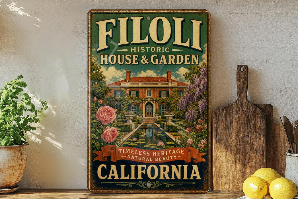 a vintage-style sign for Filoli Historic House & Garden in California, with a garden scene and a fountain.