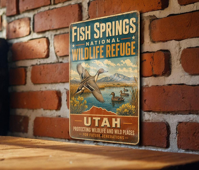 A vintage-style sign for Fish Springs National Wildlife Refuge in Utah, featuring a scenic illustration of ducks swimming in a lake surrounded by mountains.
