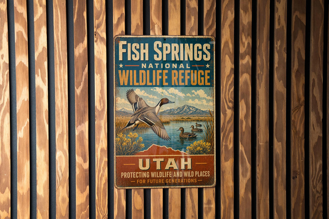 A vintage-style metal sign for Fish Springs National Wildlife Refuge in Utah, featuring an illustration of ducks flying over a scenic landscape.