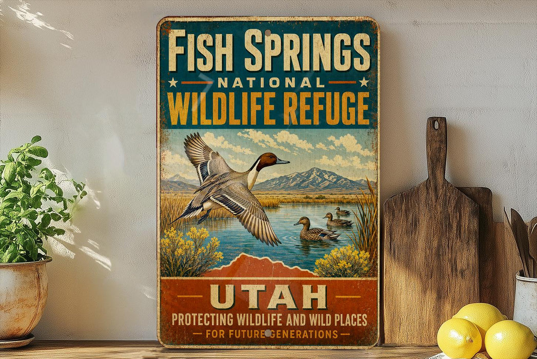 A vintage-style sign for Fish Springs National Wildlife Refuge in Utah, featuring a duck in flight over a lake surrounded by mountains.