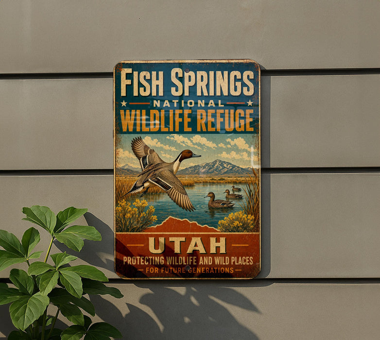 A vintage-style sign for the Fish Springs National Wildlife Refuge in Utah, featuring a bird in flight and a serene landscape.