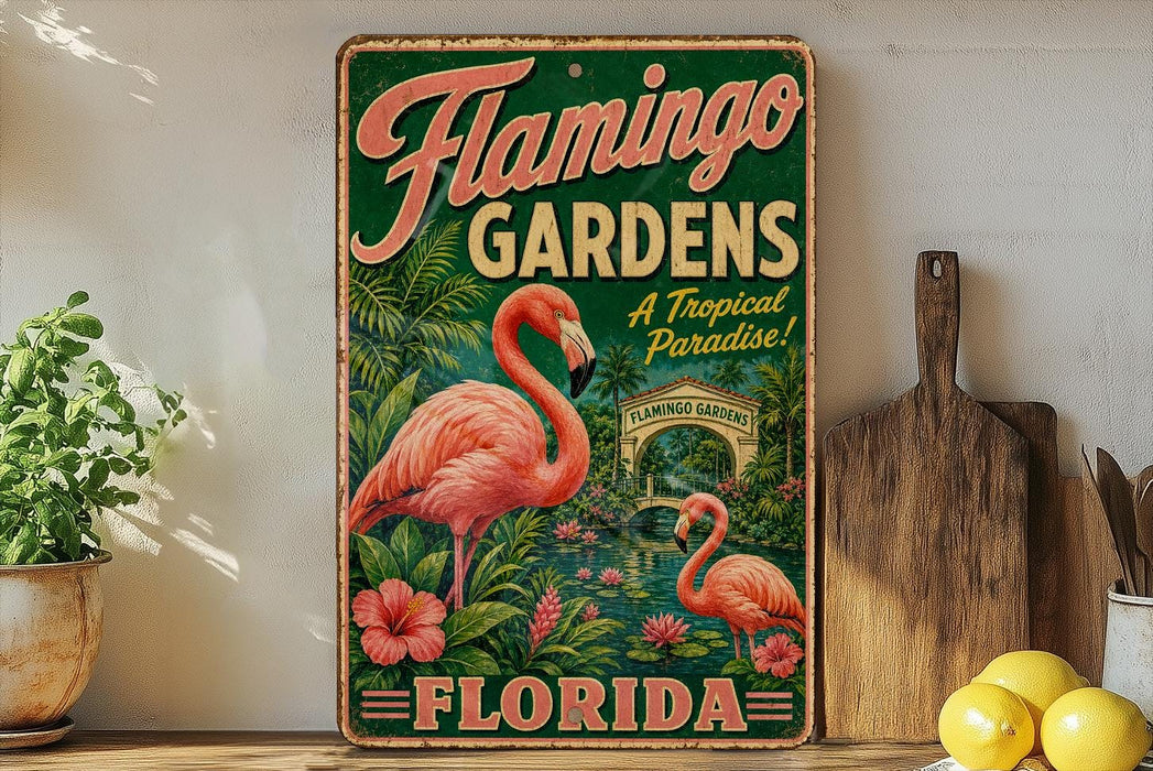 A vintage-style sign for "Flamingo Gardens" in Florida, featuring a pink flamingo and tropical foliage.