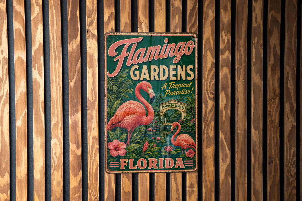 A vintage-style metal sign for Flamingo Gardens in Florida, featuring a pink flamingo and tropical foliage.