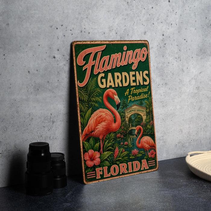 A vintage-style sign for Flamingo Gardens, featuring a pink flamingo and tropical foliage, is displayed on a gray wall.