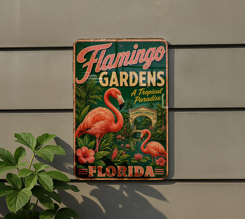 A vintage-style sign for Flamingo Gardens, featuring a pink flamingo and tropical foliage, is displayed on a wall.