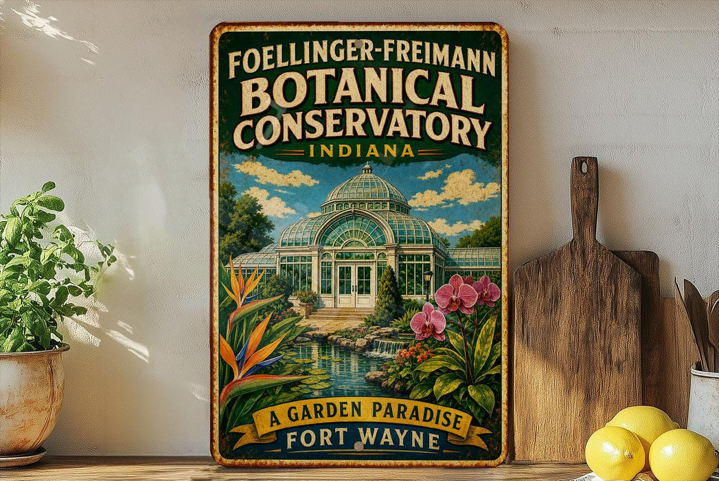 A vintage-style metal sign for the Foellinger-Freimann Botanical Conservatory in Indiana, featuring a glass greenhouse and a garden scene.