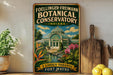 A vintage-style metal sign for the Foellinger-Freimann Botanical Conservatory in Indiana, featuring a glass greenhouse and a garden scene.
