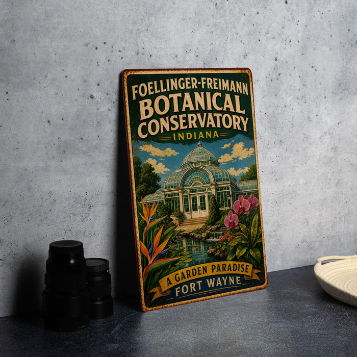 A vintage-style metal sign for the Foellinger-Freimann Botanical Conservatory in Indiana, featuring a colorful illustration of the conservatory surrounded by lush greenery and flowers.