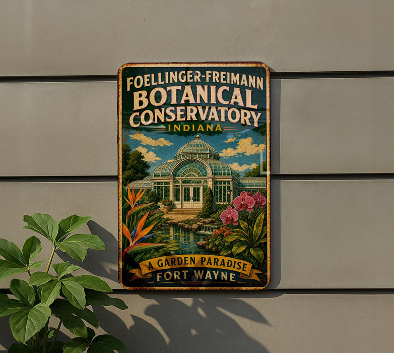 A vintage metal sign for the Foellinger-Freimann Botanical Conservatory in Indiana, featuring a large glass greenhouse surrounded by tropical plants and flowers.