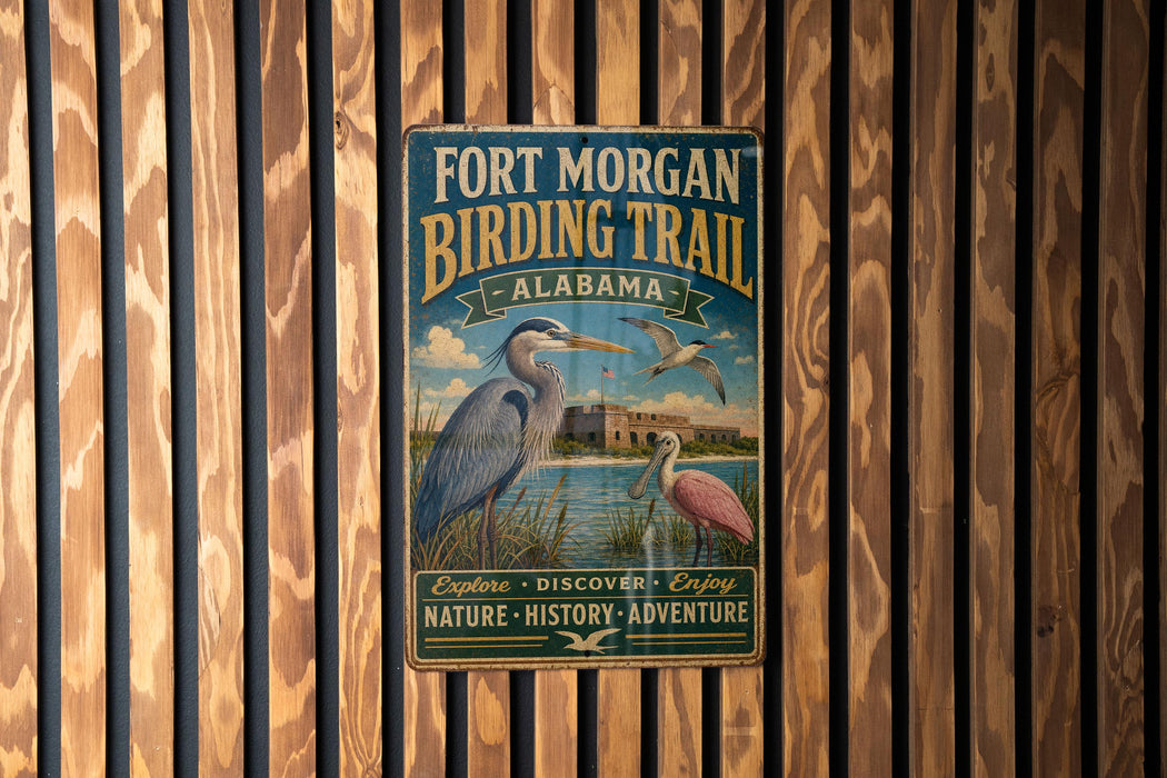 A vintage-style metal sign for the Fort Morgan Birding Trail in Alabama, featuring illustrations of birds and a scenic landscape.
