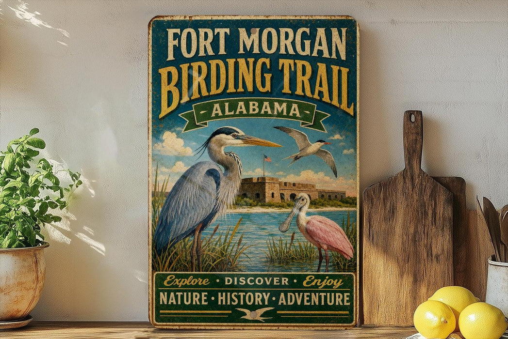 A vintage-style sign for the Fort Morgan Birding Trail in Alabama, featuring illustrations of birds and a scenic landscape.