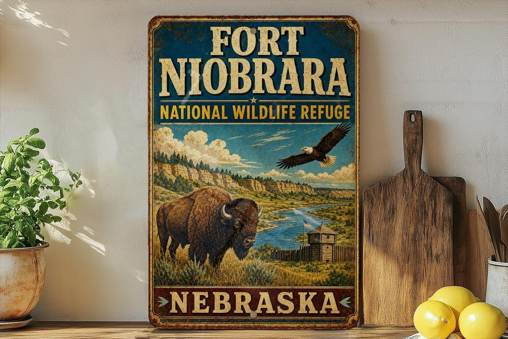 A vintage-style metal sign for the Fort Niobrara National Wildlife Refuge in Nebraska, featuring an illustration of a buffalo and a bird in a scenic landscape.