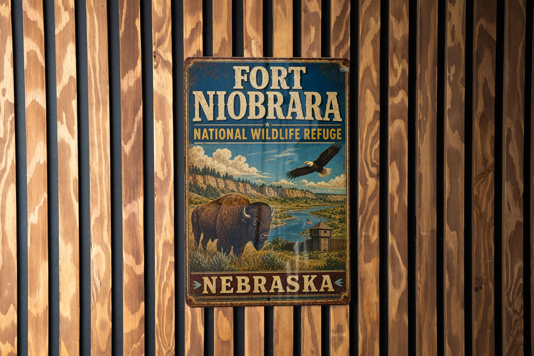 A vintage-style metal sign for Fort Niobrara National Wildlife Refuge in Nebraska, featuring an illustration of a buffalo and an eagle.
