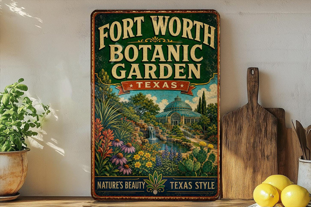 A vintage-style sign for the Fort Worth Botanic Garden in Texas, featuring a lush garden scene with a waterfall and various plants.