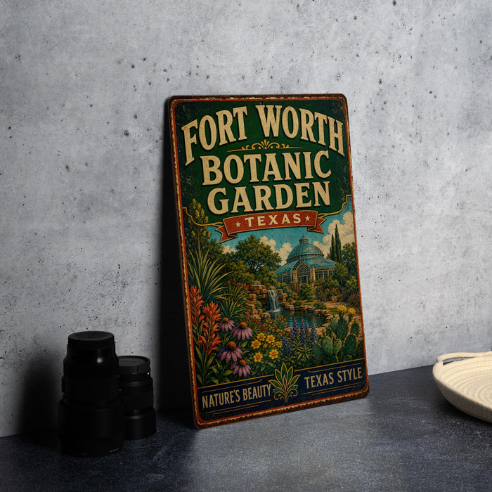 A vintage-style metal sign for the Fort Worth Botanic Garden in Texas, featuring a lush garden scene with a waterfall and various plants.
