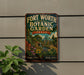 A vintage-style metal sign for the Fort Worth Botanic Garden in Texas, featuring a colorful illustration of the garden landscape.
