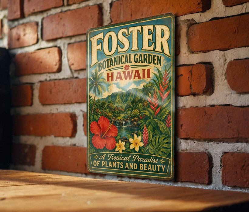 A vintage-style metal sign for Foster Botanical Garden in Hawaii, featuring a tropical landscape with palm trees, flowers, and lush greenery.
