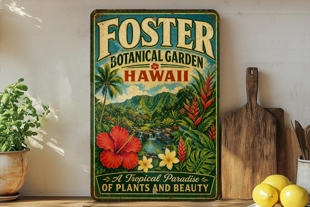 A vintage-style metal sign for Foster Botanical Garden in Hawaii, featuring a tropical landscape with palm trees, flowers, and a waterfall.