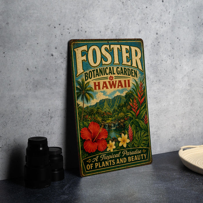 A vintage-style metal sign for Foster Botanical Garden in Hawaii, featuring a tropical landscape with palm trees, flowers, and a waterfall.