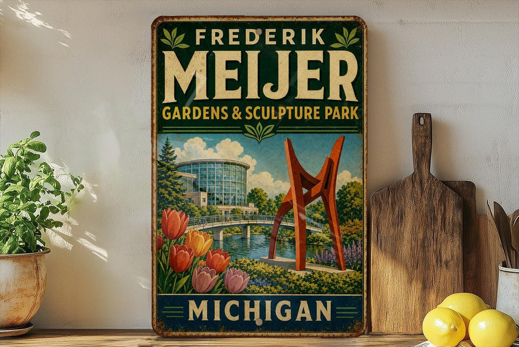A vintage-style metal sign for "Frederick Mejer Gardens & Sculpture Park" in Michigan, featuring a large sculpture and a scenic landscape.