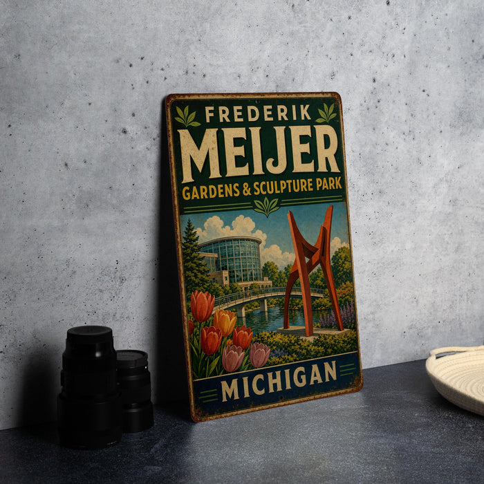 A vintage-style metal sign for Frederik Meijer Gardens & Sculpture Park in Michigan, featuring a large sculpture and a scenic landscape.