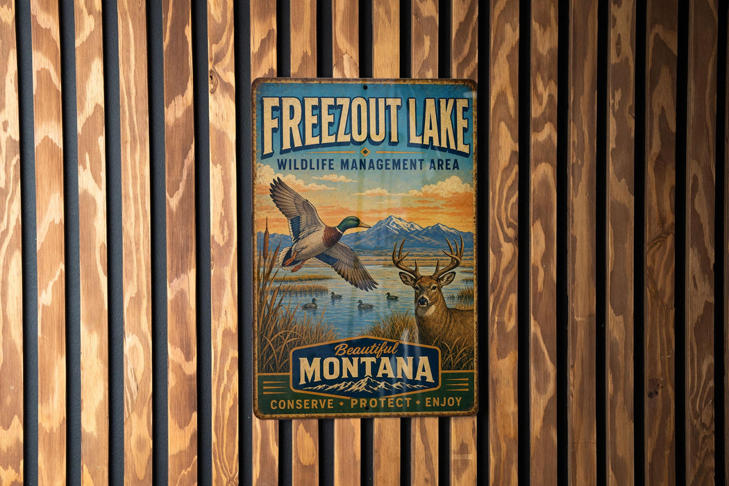 A vintage metal sign for Freezout Lake, a wildlife management area in Montana, featuring an illustration of a bird in flight and a deer.