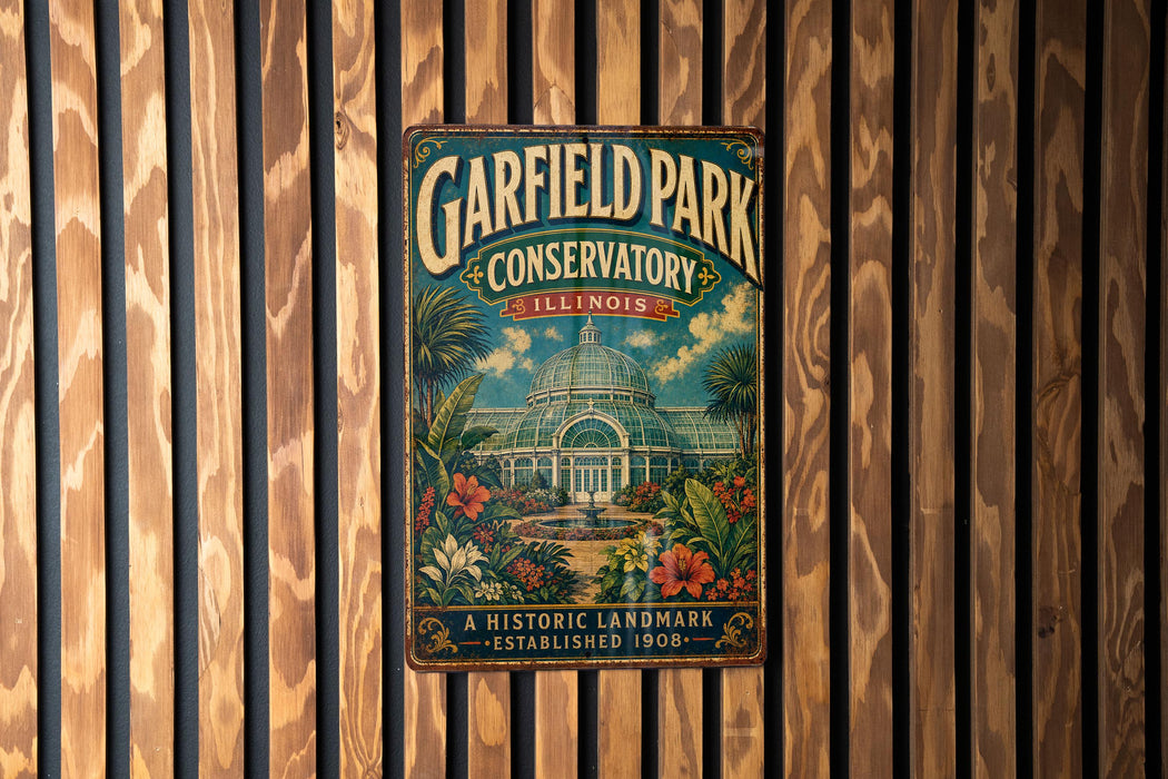 A vintage-style metal sign for Garfield Park Conservatory in Illinois, featuring a colorful illustration of the conservatory surrounded by tropical plants and flowers.