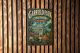 A vintage-style metal sign for Garfield Park Conservatory in Illinois, featuring a colorful illustration of the conservatory surrounded by tropical plants and flowers.