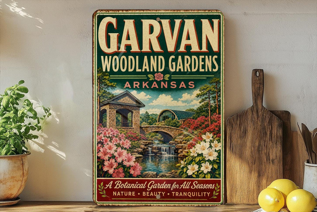 A vintage-style sign for the Garvan Woodland Gardens in Arkansas, featuring a scenic illustration of a garden with a bridge, flowers, and a waterfall.