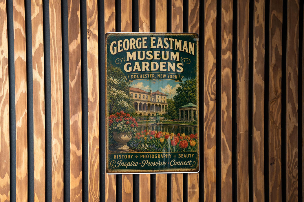 A vintage-style metal sign for the George Eastman Museum Gardens in Rochester, New York, featuring a garden scene with a fountain and colorful flowers.