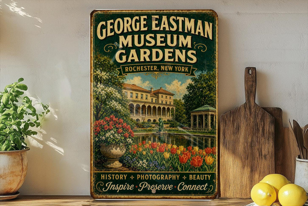 A vintage-style metal sign for the George Eastman Museum Gardens in Rochester, New York, featuring a painting of a garden with a fountain and flowers.