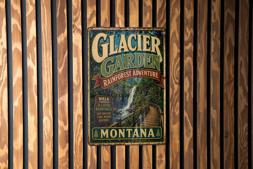 A vintage metal sign for Glacier Garden, a rainforest adventure in Montana, hanging on a wooden wall.