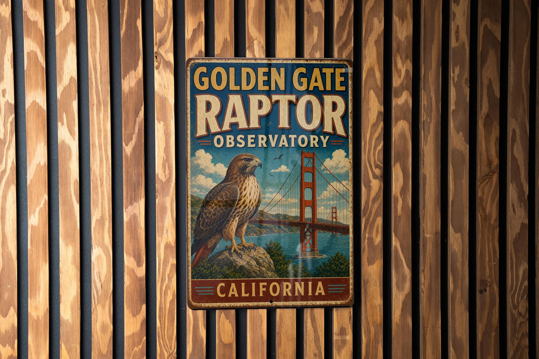 A vintage-style metal sign for the Golden Gate Raptor Observatory in California, featuring an illustration of a hawk perched on a rock overlooking the Golden Gate Bridge.