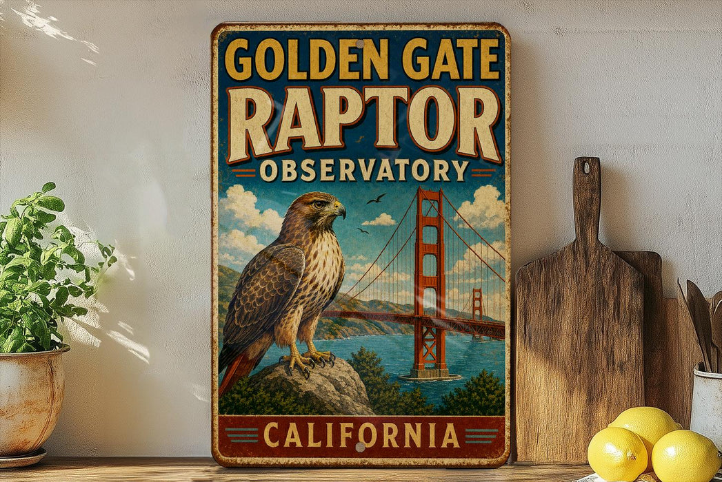 A vintage-style metal sign for the Golden Gate Raptor Observatory in California, featuring an illustration of a hawk perched on a rock with the Golden Gate Bridge in the background.