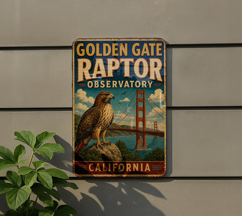 A vintage-style metal sign for the Golden Gate Raptor Observatory in California, featuring a large image of a hawk perched on a rock with the Golden Gate Bridge in the background.