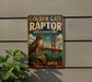 A vintage-style metal sign for the Golden Gate Raptor Observatory in California, featuring a large image of a hawk perched on a rock with the Golden Gate Bridge in the background.
