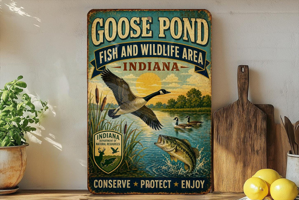 A vintage-style metal sign advertising a "Goose Pond Fish and Wildlife Area Indiana" with a goose in flight, a fish swimming, and a bird perched on a branch. The sign also includes the text "CONSERVE * PROTECT * ENJOY".