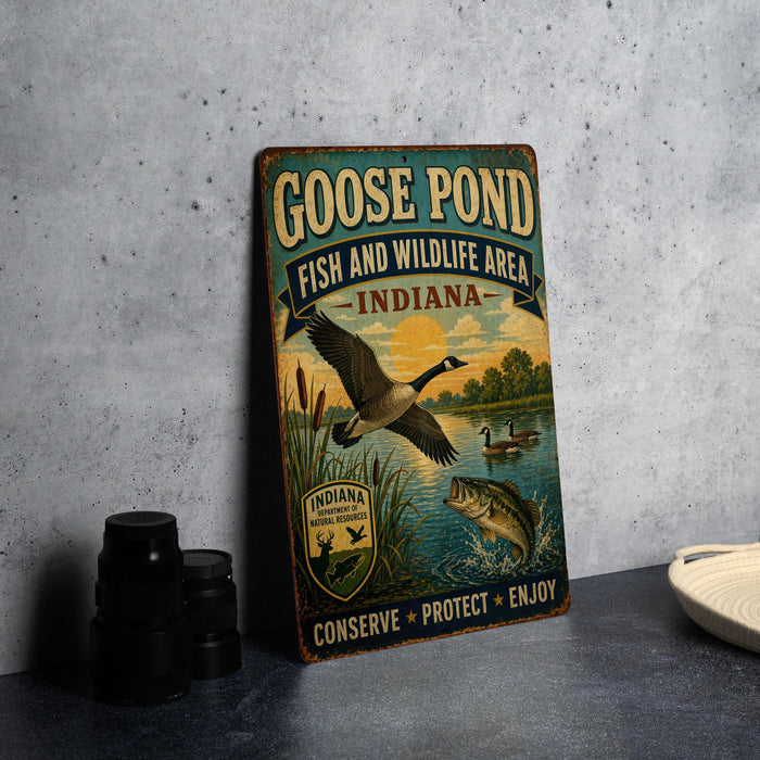 A vintage-style metal sign for the Goose Pond Fish and Wildlife Area in Indiana, featuring a goose in flight and a fish in the water.