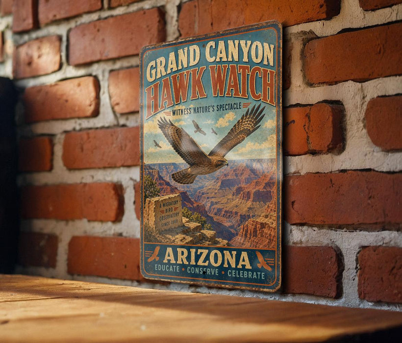 A vintage-style metal sign for the Grand Canyon Hawk Watch, featuring an illustration of a hawk in flight over the iconic landscape of the Grand Canyon.