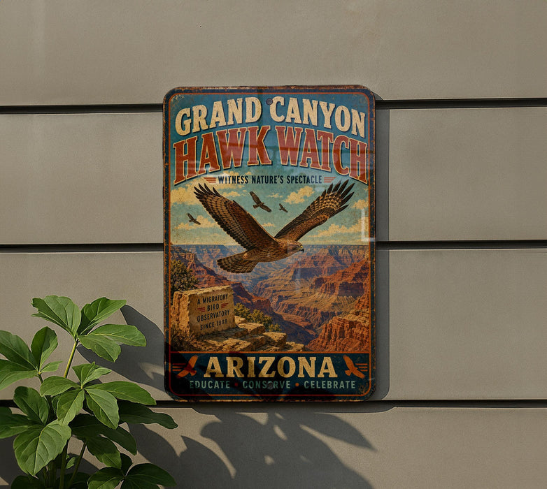 A vintage-style metal sign advertising the Grand Canyon Hawk Watch, featuring an illustration of a hawk in flight over the iconic landscape of the Grand Canyon.
