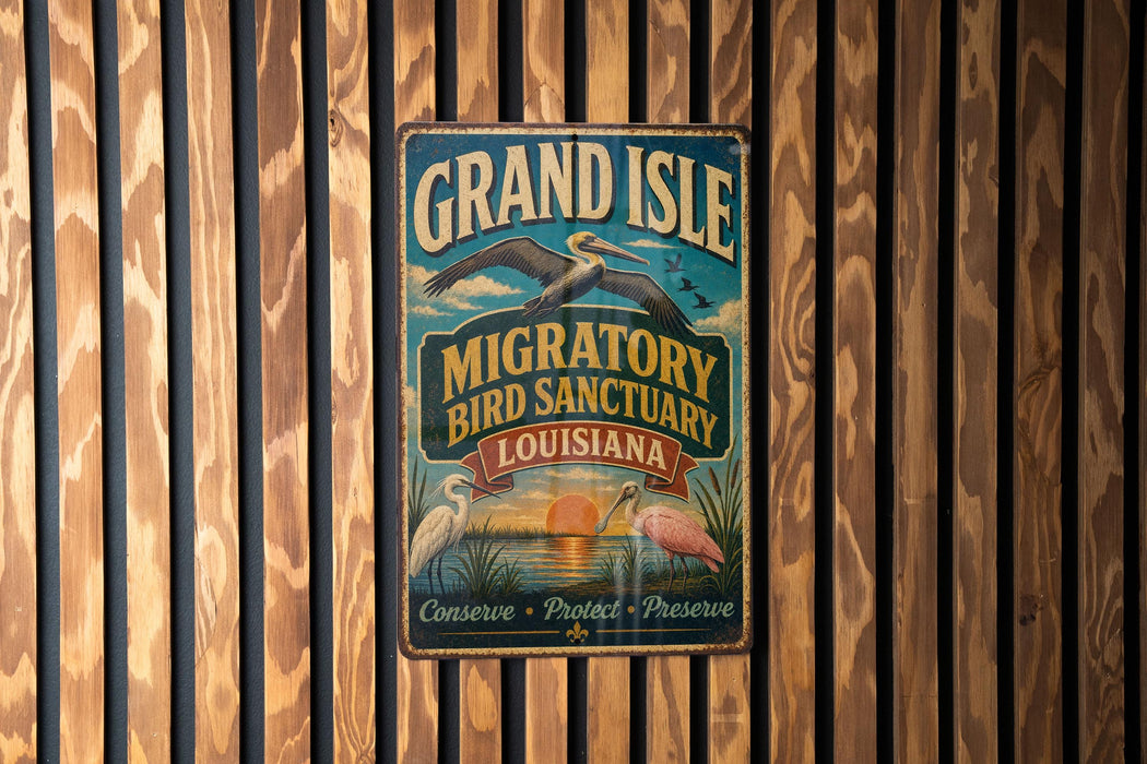 A vintage metal sign for the Grand Isle Migratory Bird Sanctuary in Louisiana, featuring a bird illustration and text.