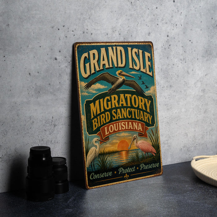A vintage-style metal sign for the Grand Isle Migratory Bird Sanctuary in Louisiana, featuring illustrations of birds and a sunset.