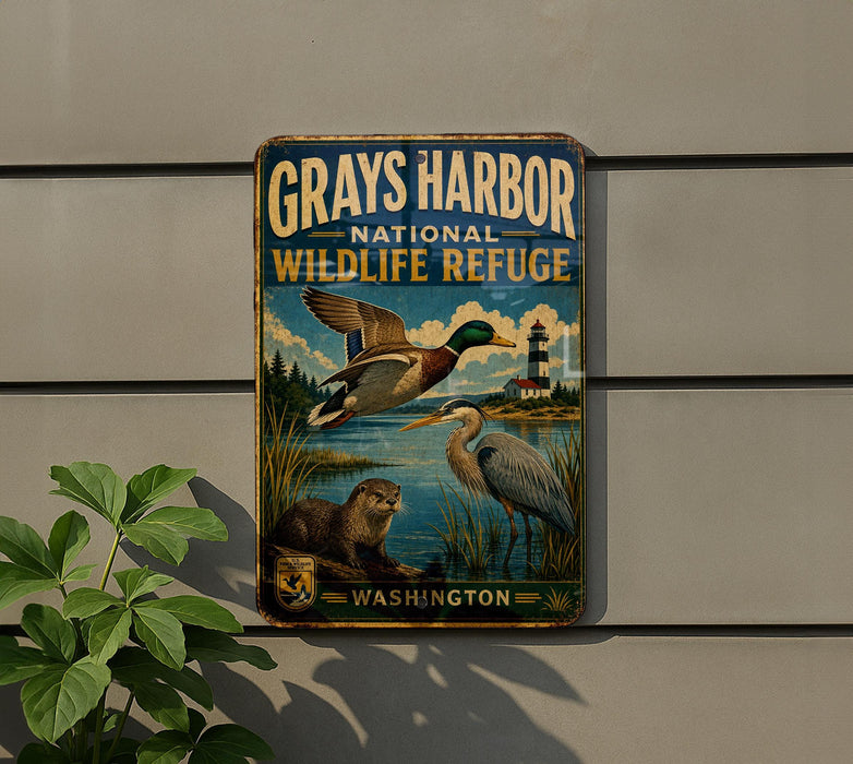 A vintage-style metal sign for the Grays Harbor National Wildlife Refuge, featuring illustrations of ducks and other wildlife in a natural setting.
