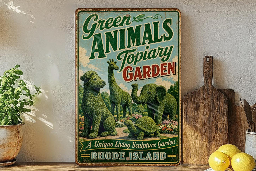 A vintage-style sign advertising a "Green Animals Topiary Garden" in Rhode Island, featuring a variety of topiary sculptures of animals and plants.